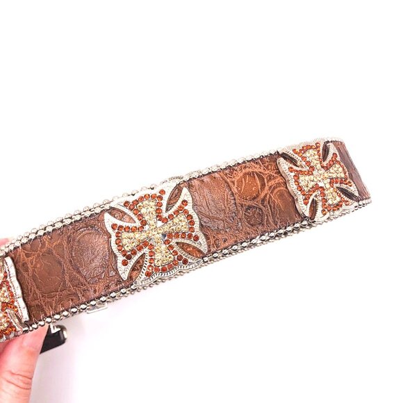 Brown Western Belt with Rhinestone Celtic Crosses & Side Studs main image 7